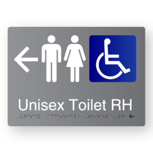 Unisex Accessible Toilet RH (Left Arrow) Braille Sign in Grey Aluminium
