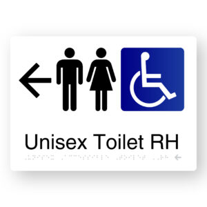 Unisex Accessible Toilet RH (Left Arrow) Braille Sign in White Aluminium