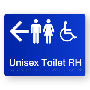Unisex Accessible Toilet RH (Left Arrow) Braille Sign in Blue Acrylic