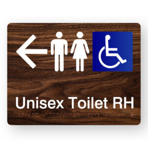 Unisex Accessible Toilet RH (Left Arrow) Braille Sign in Dark Woodgrain