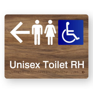 Unisex Accessible Toilet RH (Left Arrow) Braille Sign in Mid-Tone Woodgrain in Acrylic