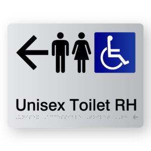Unisex Accessible Toilet RH (Left Arrow) Braille Sign in Silver Acrylic