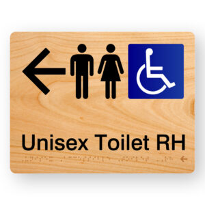 Unisex Accessible Toilet RH (Left Arrow) Braille sign in Woodgrain Acrylic