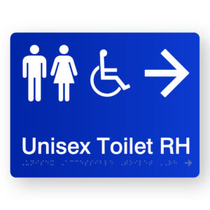 Unisex Accessible Toilet RH (Right Arrow) Braille Sign in Blue Acrylic