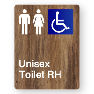 Unisex Accessible Toilet RH Braille Sign in Mid-Tone Woodgrain Portrait  Acrylic