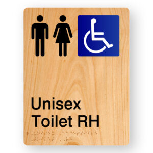 Unisex Accessible Toilet RH Braille Sign in Portrait Woodgrain Acrylic