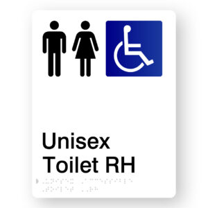 Unisex Accessible Toilet RH Braille Sign in White Portrait Acrylic