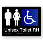 Unisex Accessible Toilet RH Braille Sign in Black Acrylic. Black Sign panel white Male, Female & Accessible Symbol. Text reads Unisex Toilet RH