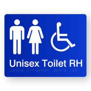Unisex Accessible Toilet RH Braille Sign in Blue Acrylic. Blue Sign panel with white Male, female & Accessible Symbols, text reads Unisex Toilet RH