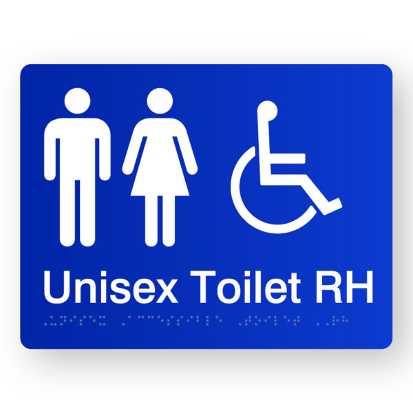 Unisex Accessible Toilet RH Braille Sign in Blue Acrylic. Blue Sign panel with white Male, female & Accessible Symbols, text reads Unisex Toilet RH