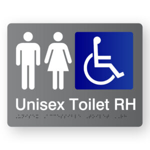 Unisex Accessible Toilet RH Braille Sign in Grey Acrylic. Grey Sign panel with white male, female & Accessible Symbols, text reads Unisex Toilet RH