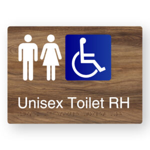 Unisex Accessible Toilet RH Braille Sign in a Mid-Tone Woodgrain