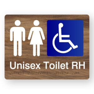 Unisex Accessible Toilet RH Braille Sign in Mid-Tone Woodgrain in Acrylic - Image 1