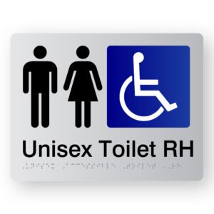 Unisex Accessible Toilet RH Braille Sign in Silver Acrylic. silver Sign panel with Black Male & female Symbol, Accessible Symbol is Blue & White Text Reads Unisex Toilet RH