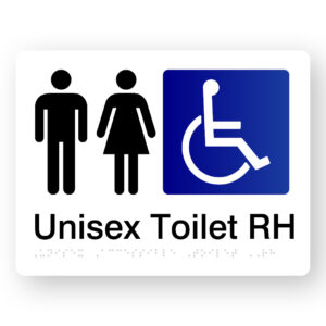 Unisex Accessible Toilet RH Braille Sign in White Acrylic. White Sign Panel with Black Male & female Symbols, Blue & White Accessible Symbol. Black Text reads Unisex Toilet RH. Braille Text is Shown