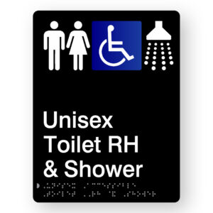 Unisex Accessible Toilet RH & Shower Braille Sign in Portrait Black Acrylic