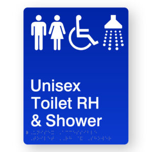 Unisex Accessible Toilet RH & Shower Braille Sign in Portrait Blue Acrylic