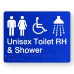 Unisex Accessible Toilet RH & Shower Braille Sign in Blue Acrylic. Blue panel with white Male, Female, Accessible & Shower symbols.