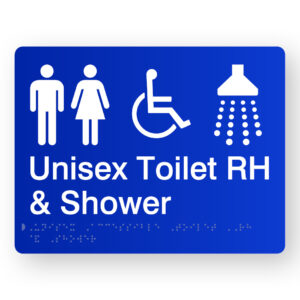 Unisex Accessible Toilet RH & Shower Braille Sign in Blue Acrylic. Blue panel with white Male, Female, Accessible & Shower symbols.