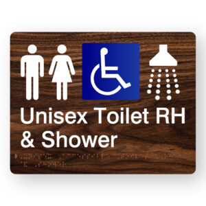 Unisex Accessible Toilet RH & Shower Braille Sign in Dark Woodgrain