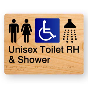 Unisex Accessible Toilet RH & Shower Braille Sign in Woodgrain Acrylic. Woodgrain panel with Black Male, Female, Accessible & Shower symbols.