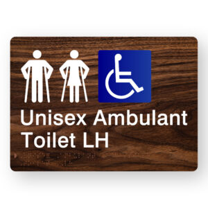 Unisex Ambulant Accessible Toilet LH Braille Sign in Dark Woodgrain - Image 1