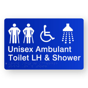 Unisex Ambulant Accessible Toilet LH & Shower Braille Sign in Blue Acrylic - Image 1