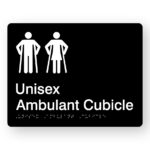 Unisex Ambulant Cubicle Braille Sign in Black Acrylic. Black panel with white Male Ambulant & Female Ambulant symbols.