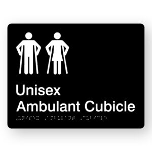 Unisex Ambulant Cubicle Braille Sign in Black Acrylic. Black panel with white Male Ambulant & Female Ambulant symbols.