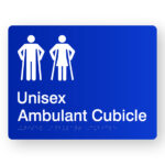 Unisex Ambulant Cubicle Braille Sign in Blue Acrylic. Blue sign panel with White Male Ambulant & Female Ambulant symbols. White Text reads Unisex Ambulant Cubicle.
