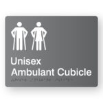 Unisex Ambulant Cubicle Braille Sign in Grey Acrylic. Grey panel with white Male Ambulant & Female Ambulant Symbols.