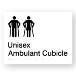 Unisex Ambulant Cubicle Braille Sign in White Acrylic. White Acrylic panel with Black Male Ambulant & Female Ambulant symbols.