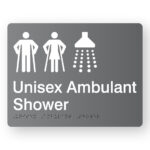Unisex Ambulant Shower Braille Sign in Grey Acrylic. Grey panel with white Male Ambulant, Female Ambulant & Shower symbols.