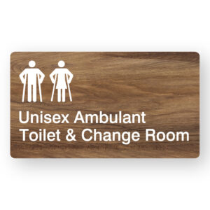 Unisex Ambulant Toilet & Change Room Braille Sign in Mid-Tone Woodgrain in Acrylic - Image 1