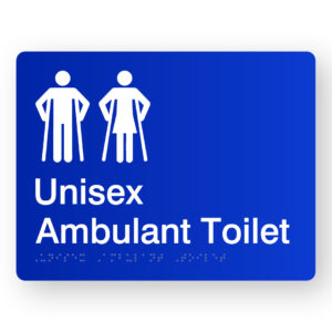 Unisex Ambulant Toilet Braille Sign in Blue Acrylic. Blue Sign panel with White male & female Ambulant Symbols, text reads Unisex Ambulant Toilet