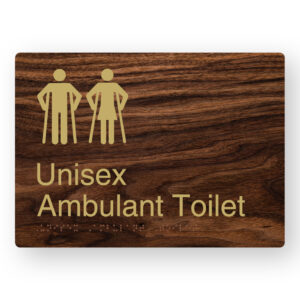 Unisex Ambulant Toilet Braille Sign in a Dark Woodgrain & Brass Finish - Image 1