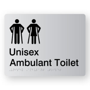Unisex Ambulant Toilet Braille Sign in Silver Acrylic. Silver Sign panel with Black Male & Female Ambulant Symbols, text reads Unisex Ambulant Toilet