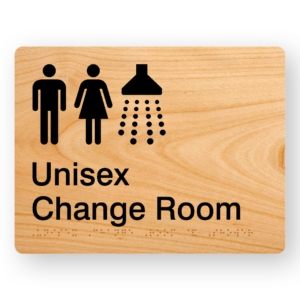 Unisex Change Room & Shower Braille sign in Woodgrain Acrylic