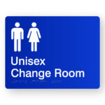 Unisex Change Room Braille Sign in Blue Acrylic. Blue Sign panel with white Male & female Symbols & Text that reads Unisex Change Room, Braille Text is also shown