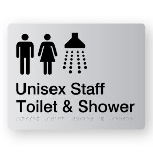 Unisex Staff Toilet & Shower Braille Sign in Silver Acrylic - Image 1