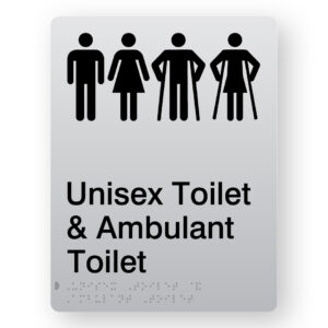 Unisex Toilet & Ambulant Toilet Braille Sign in Portrait Silver Acrylic
