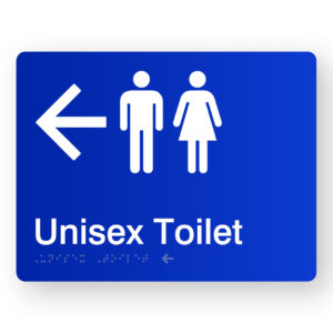 Unisex Toilet (Left Arrow) Braille Sign in Blue Acrylic