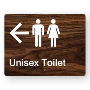 Unisex Toilet (Left Arrow) Braille Sign in Dark Woodgrain