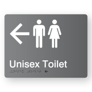 Unisex Toilet (Left Arrow) Braille Sign in Grey Acrylic