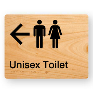 Unisex Toilet (Left Arrow) Braille sign in Woodgrain Acrylic