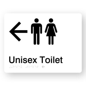 Unisex Toilet (Left Arrow) Braille Sign in White Acrylic