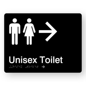 Unisex Toilet (Right Arrow) Braille Sign in Black Acrylic - Image 1