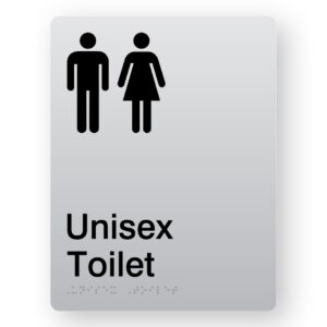 Unisex Toilet Braille Sign in Portrait Silver Acrylic