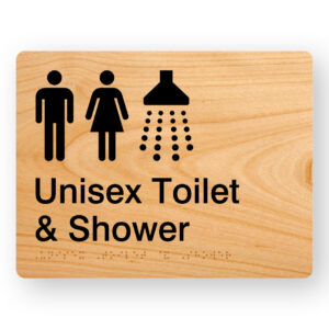Unisex Toilet & Shower Braille sign in Woodgrain Acrylic