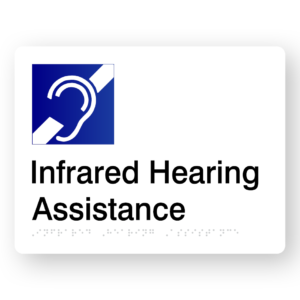 Infrared Hearing Assistance Braille Sign in White Acrylic